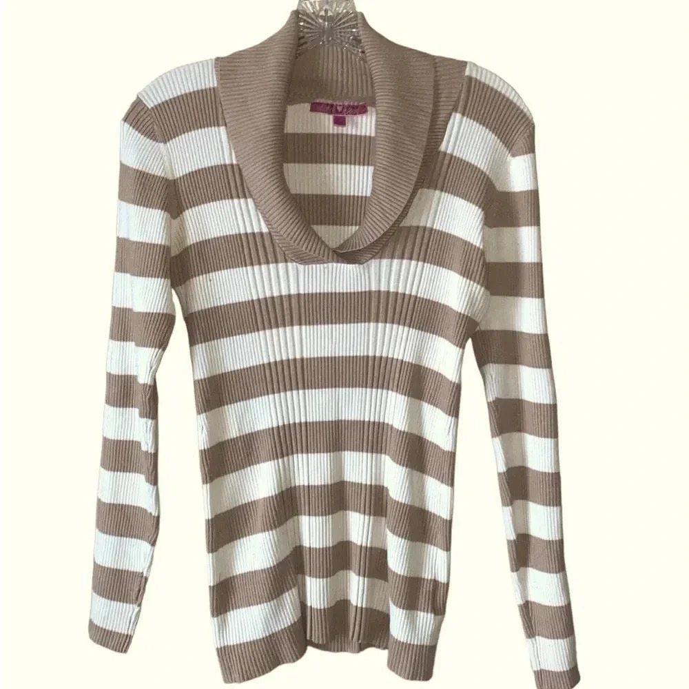 DEREK HEART | Beige and White Striped Sweater Shawl Neck Ribbed Size XL
